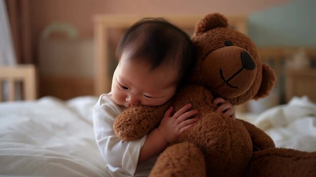 Adorable asian newborn baby hugging teddy bear