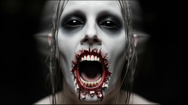 A creepy man with pale skin, black eyes, sharp teeth, and blood flowing from his mouth. A scary animated ghost for Halloween. Makeup. On a dark, empty background with space for text.