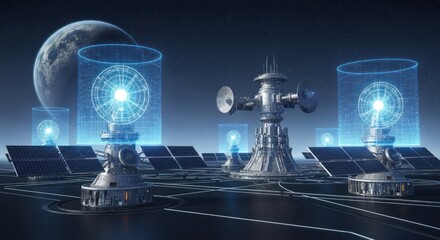 Advanced Space Base with Holographic Projections and Solar Power Array, set against a Cosmic Backdrop with a Glimmering Planet and Stars