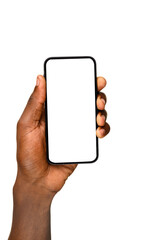 A hand holding a smartphone vertically with a blank white screen, isolated on a plain background, ideal for app mockups or mobile interface presentation.