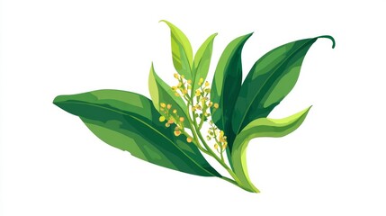 Fresh green leaves of various plants, including bamboo and olive, are isolated on a clean white background