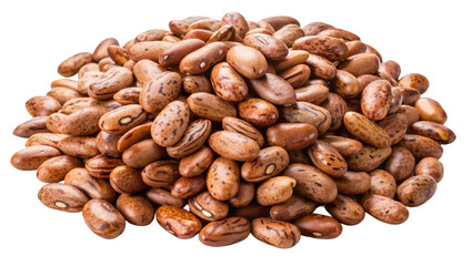 A close up overhead view of a pile of dried pinto beans isolated on transparent background