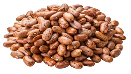 A close up overhead view of a pile of dried pinto beans isolated on transparent background