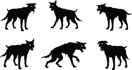 Zombie dog silhouettes, undead canine monsters, horror fantasy creatures, glowing eyes, scary animal art, dark eerie illustration, Halloween night terror scene