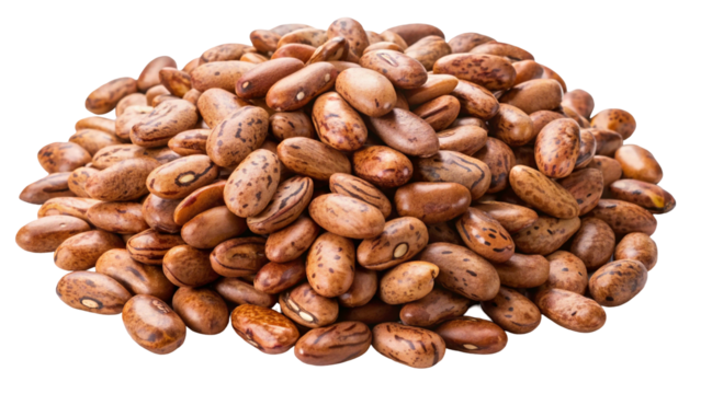 A close up overhead view of a pile of dried pinto beans isolated on transparent background