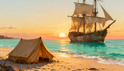 A tent on a sandy beach with a large sailing ship in the ocean during a vibrant sunset scene painting