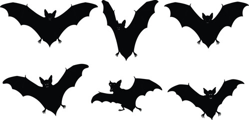 Black bat silhouettes flying, Halloween bats vector illustration, spooky nocturnal animal shapes, isolated bat wings spread, wildlife graphic design art