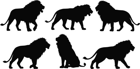 Black lion silhouettes collection, standing, walking, sitting poses, wildlife illustration, animal vector art, majestic mane, safari design, predator profile, feline