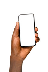 A hand holding a smartphone with a blank white screen, isolated against a plain background, ideal for showcasing mobile app designs or mockups.