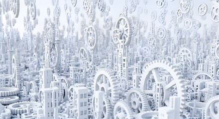 White gear city landscape with intricate mechanical structures and abstract design elements