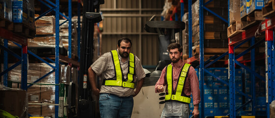 Warehouse workers and manager in reflective vests inspecting inventory, using digital tablet for...