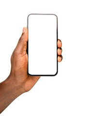 A hand holding a smartphone upright with a blank white screen, isolated against a plain background, ideal for mockups or presentations.