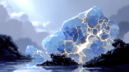 Blue crystal rock glowing with light