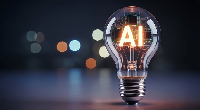 Artificial intelligence concept glowing lightbulb with AI letters and circuit board reflecting the transformative power of modern technology and innovative solutions for the future