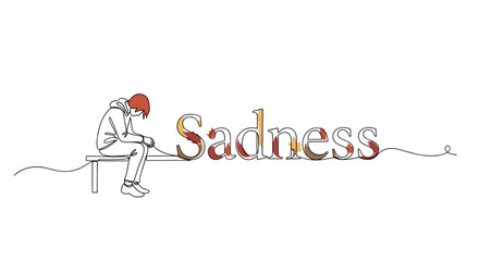 Melancholic figure sitting on a bench with the word "Sadness" in flowing script