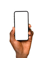 A hand holding a smartphone vertically with a blank white screen, isolated on a transparent background.