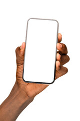 A hand holding a smartphone with a blank white screen, displayed vertically against a transparent background.