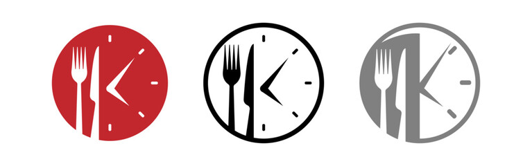 Dinner time clock icon. Vector illustration of plate with fork and knife as food symbol. Perfect for restaurant, cafe, hotel, menu design, meal service, breakfast, lunch, and dinner concept.