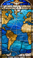 Stained glass depiction of columbus's voyage with world map and angel figure at the top center