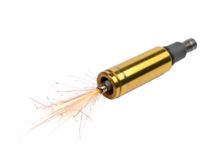 A close-up view of a metallic device emitting colorful sparks, showcasing intricate design and craftsmanship.