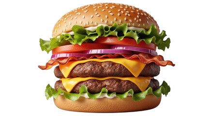Delicious Double Cheeseburger with Crispy Bacon, Fresh Lettuce, Ripe Tomatoes, and Tangy Red Onions, Stacked High on a Sesame Seed Bun, Isolated on Transparent Backdrop