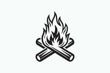 Burning Bonfire with Crossed Logs and Flames Icon on White Background