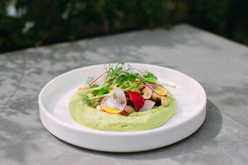 Appetizing green puree with radishes, hazelnuts, and shoots