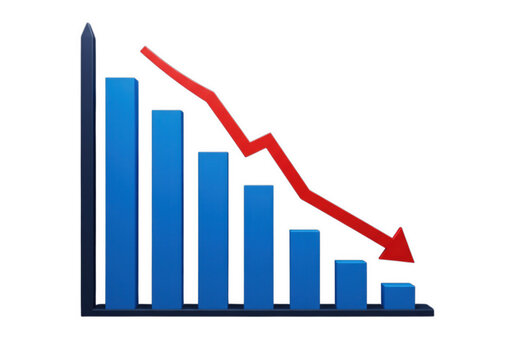 This bar graph illustrates a negative trend with a red arrow pointing downwards, signifying decline, loss, or a decrease in value over a period of time.