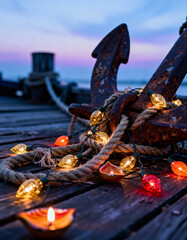 An anchor and rope adorned with string lights and small lit candles on a wooden dock at twilight