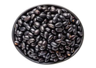 A close up overhead view of dark roasted coffee beans filling a circular bowl isolated on transparent background