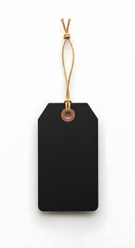 A minimalist black tag with a string on a white background for product labeling use