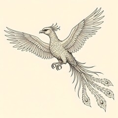 Fototapeta premium Phoenix bird drawing with black outline on white background. Mythical bird for logo or mascot design.