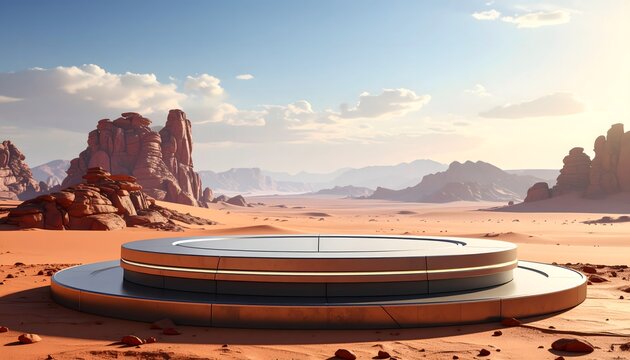 Futuristic Round Podium Platform in Desert Landscape with Red Rock Formation Background
