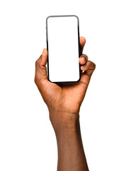 A hand holding a smartphone upright with a blank white screen, raised upward against a transparent background.