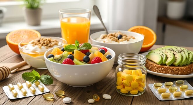 healthy beakfast with pills