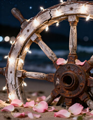 A weathered ship wheel adorned with fairy lights and scattered rose petals on a sandy beach at night time