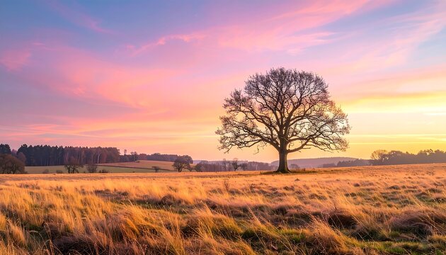 Golden sunset over a field with lone tree - Powered by Adobe
