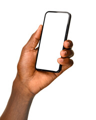 A hand holding a smartphone with a blank white screen, isolated on a transparent background.