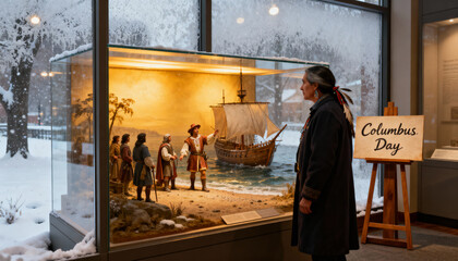 A native american woman views a columbus day diorama in winter with snow outside the window pane