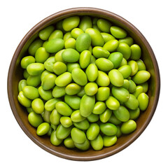 A rustic wooden bowl overflowing with fresh green edamame beans isolated on transparent background