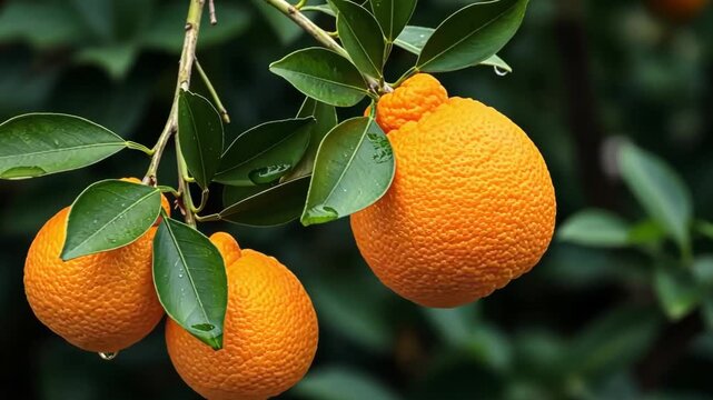 Hallabong, a type of citrus fruit grown in jeju island, south korea, is known for its bumpy skin and sweet taste, growing on a tree with green leaves ai generated vedio