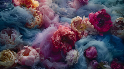 Obraz premium Floral fantasy with peonies and pastel smoke, dreamy art blending soft petals and misty fabric. Perfect for romantic, abstract, and artistic backgrounds.