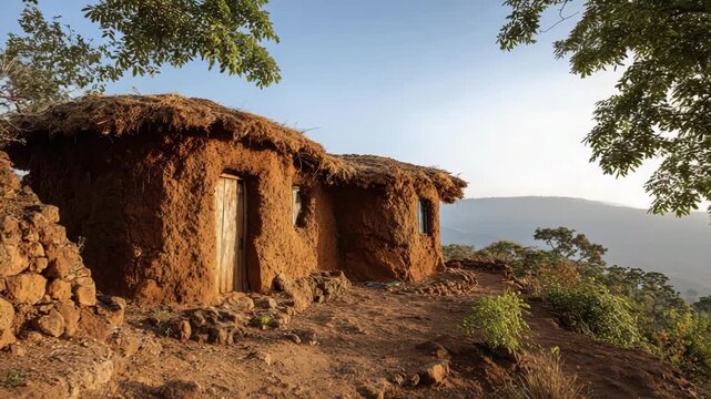 Off-grid rustic mud house on a hillside in natural surroundings at sunset