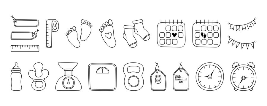 Newborn hand drawn vector elements set. Birth announcement. Set baby metric doodles. Gender party outline icons. Birth stats line art illustrations. Age, height, weight data and cute baby accessories.