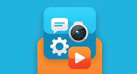 Layered Digital App Icons on Bright Blue Background Featuring Chat, Settings, Camera, and Play Button for Modern UI Design