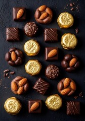 Fototapeta premium Assorted chocolates with almonds and gold wrappers on a dark surface top view 90 ch