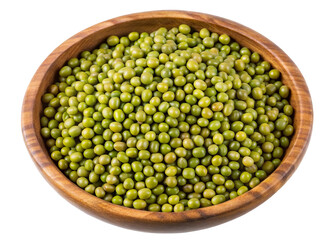 Fototapeta premium A top view of a wooden bowl filled with green mung beans isolated on transparent background