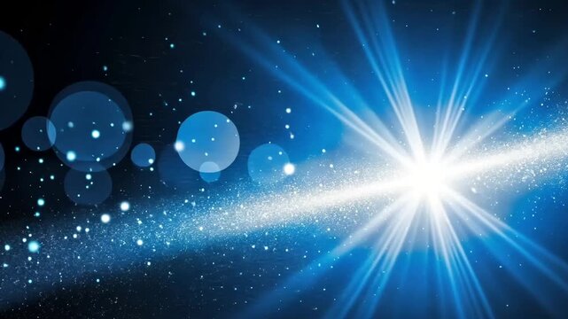 A mesmerizing cosmic vista unfolds, revealing a radiant starburst emanating brilliant blue light, casting a celestial glow upon a backdrop of twinkling stars and ethereal bokeh ai generated vedio