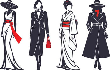 Fashion illustration set of elegant women in dresses coats and kimono stylish vector silhouettes