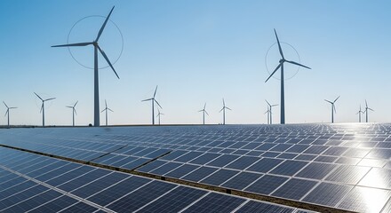 Wind turbines and solar panels under a clear blue sky
